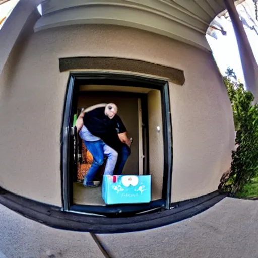 Image similar to fisheye view of dinosaur stealing packages from front porch, ring doorbell view