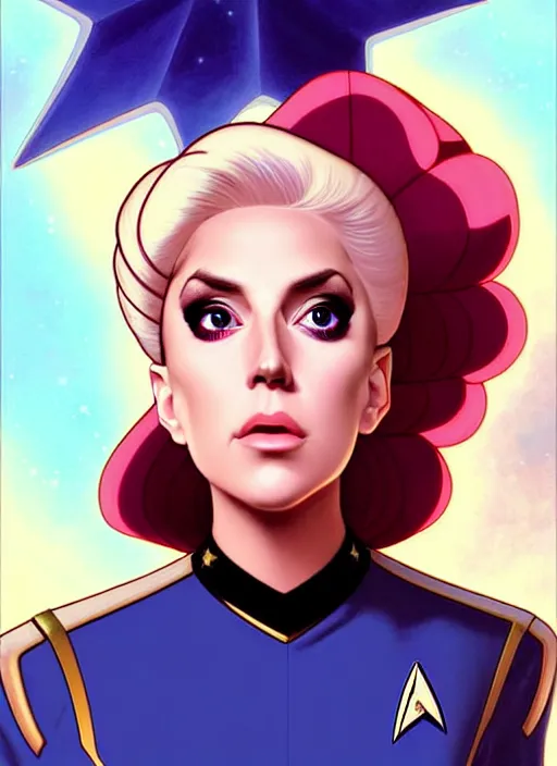 Image similar to cute star trek officer lady gaga, natural lighting, path traced, highly detailed, high quality, digital painting, by don bluth and ross tran and studio ghibli and alphonse mucha, artgerm