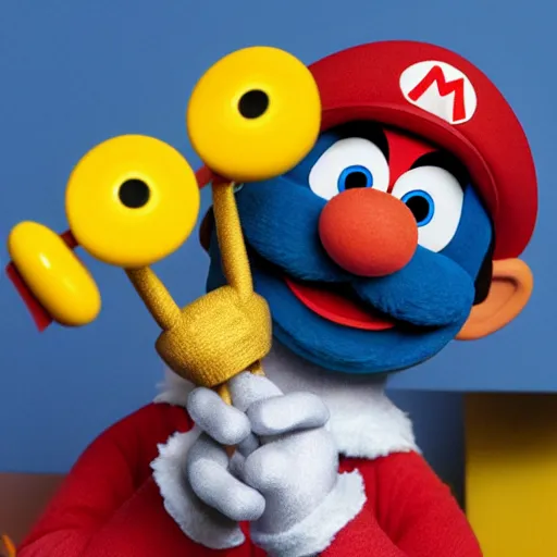 Prompt: mario as a friendly puppet, puppet by jim henson, still from sesame street, 4 k extremely detailed photography