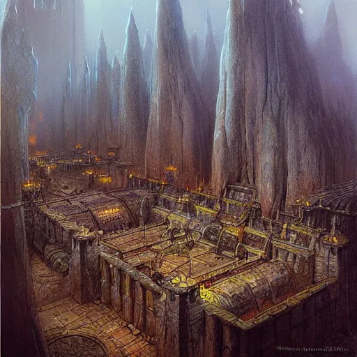 Prompt: an underground dwarven city, by john howe