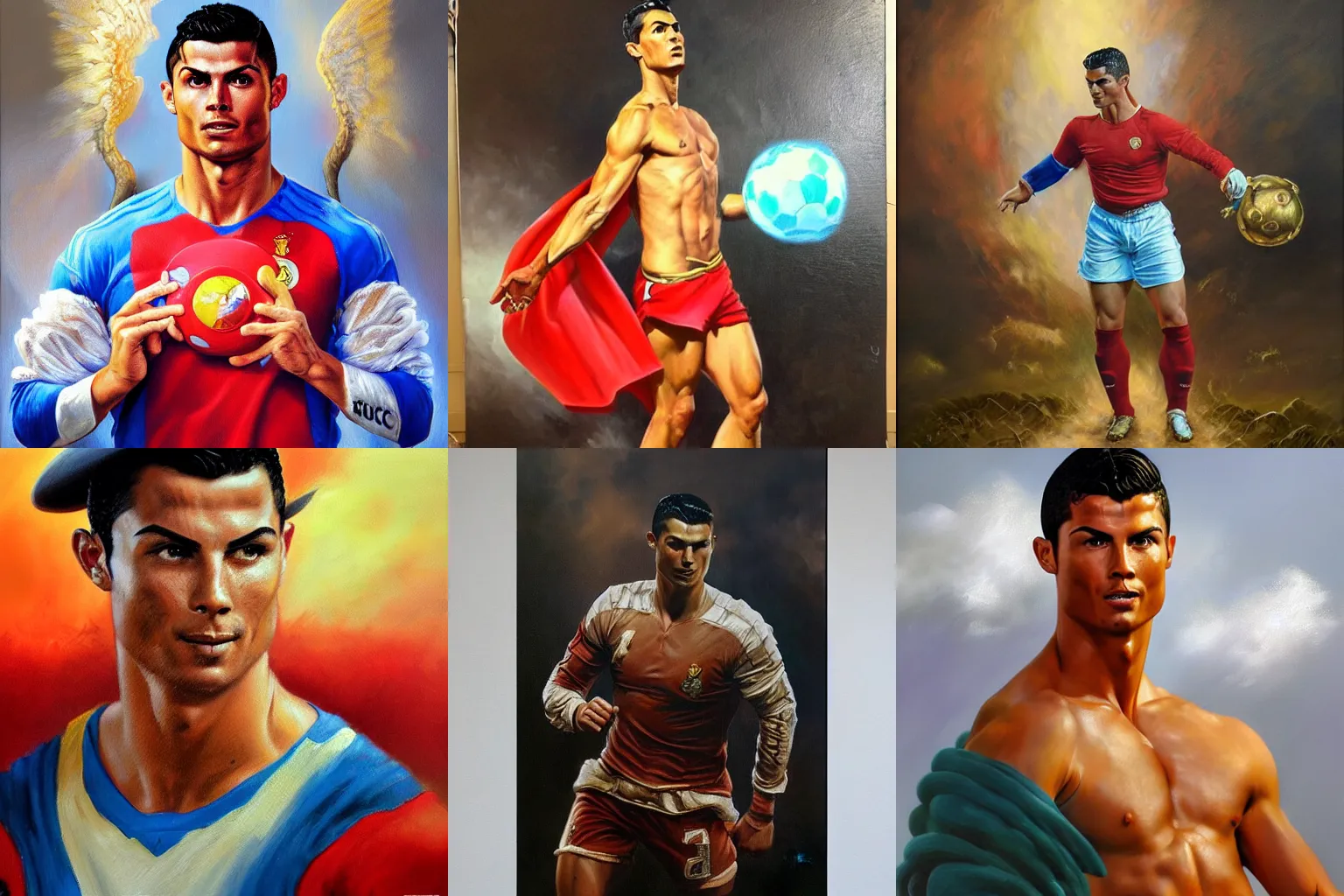 Prompt: Beautiful oil painting depicting Cristiano Ronaldo as Super Mario Lucas Graziano, Frank Frazetta, Greg Rutkovsky, Boris Vallejo, epic fantasy portrayal of characters, exquisite details, post-processing, low angle, masterpiece, cinematic