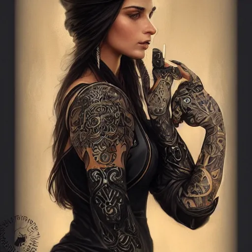 Image similar to an attractive young tattooed female wearing an black ornate metallic helmet, emily ratajkowski, olive skin, long dark hair, beautiful bone structure, intricate, elegant, highly detailed, digital painting, artstation, concept art, smooth, sharp focus, illustration, art by artgerm and greg rutkowski and alphonse mucha