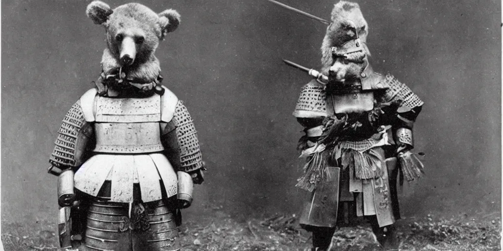 Image similar to anthropomorphic bear in samurai armor, 1900s photo