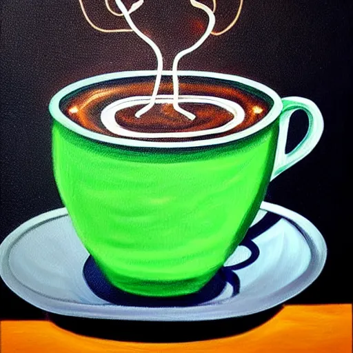 Prompt: art style using light beans and wires is adoperated to picture a cup of coffee running. painting