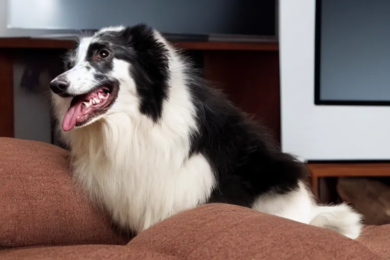 Prompt: border collie watching tv