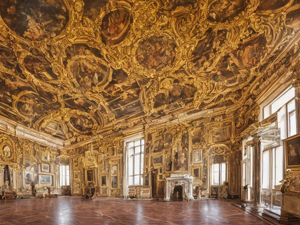 Image similar to The bright and majestic beautiful Renaissance palace chamber filled with soft light from beautiful windows with beautiful paintings of a demons on the walls, high quality interior photo trending on photostocks