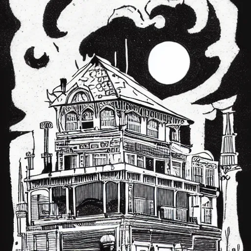 Image similar to seaside victorian building, night, moon in sky, heavy ink!!!!!!! mike mignola