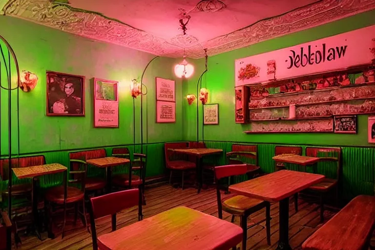 Image similar to old belarussian cafe, vaporwave colors, state of melancholy, romantic, dimmed lights, realistic