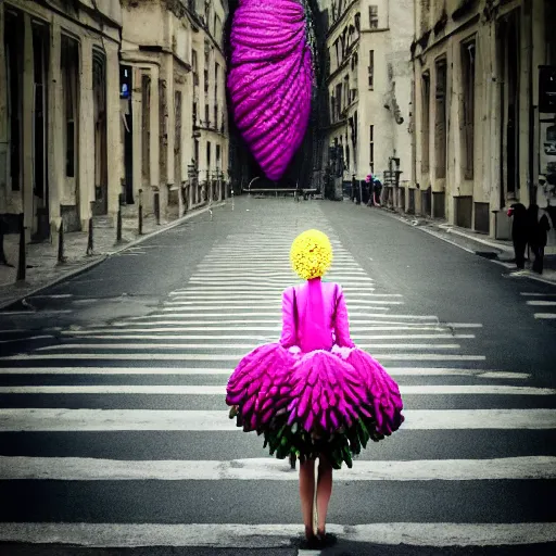 Image similar to giant flower head, woman walking in paris, surreal photography, symmetry, flat space, fanciful, stark colours, detailed, wes anderson