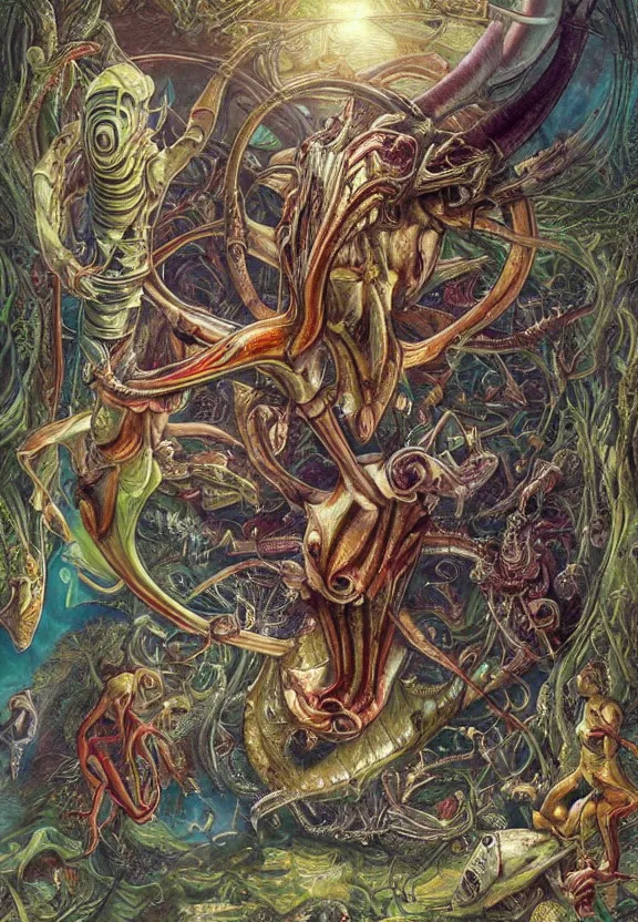 Image similar to simplicity, elegant, colorful muscular sharks, human babies, botany, orchids, radiating, colorful mandala, psychedelic, overgrown garden environment, by h. r. giger and esao andrews and maria sibylla merian eugene delacroix, gustave dore, thomas moran, pop art, biomechanical xenomorph, art nouveau, apocalyptic