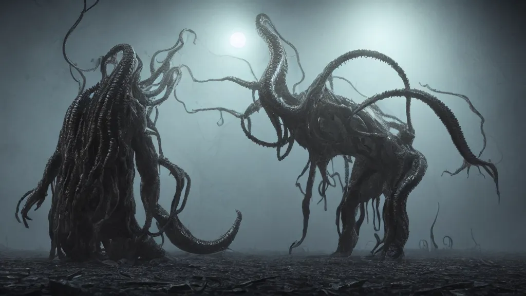 Image similar to lovecraftian monster, horror, eldritch , 8K, concept art, DSLR, filmic, HDR, hyperrealism, Unreal Engine, volumetric lighting, Darkart