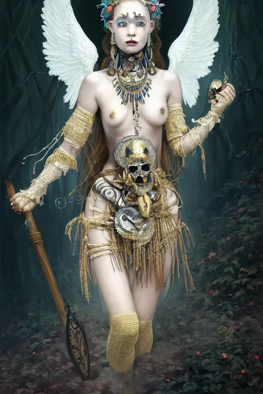 Prompt: A masterpiece ultrarealistic portrait of a Irristible angel princess tribal-shaman-knight-witch-ghost with Skull Iron mask. baroque renaissance girl in the night forest. medium shot, intricate, elegant, highly detailed. trending on artstation, digital art, by Stanley Artgerm Lau, WLOP, Rossdraws, James Jean, Andrei Riabovitchev, Marc Simonetti, Yoshitaka Amano. background by James Jean and Gustav Klimt, light by Julie Bell, 4k, porcelain skin.