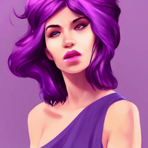 Prompt: a stunning upper body portrait of a beautiful woman with purple pink hair blowing in the wind by marvel comics, digital art, trending on artstation