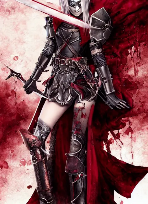 Prompt: female vampire knight, flying, barefoot, black plate armor, historical armor, good protection, monstrous mask, giant two - handed sword dripping blood, red wings, grinning, barefeet, detailed, realistic, dnd.