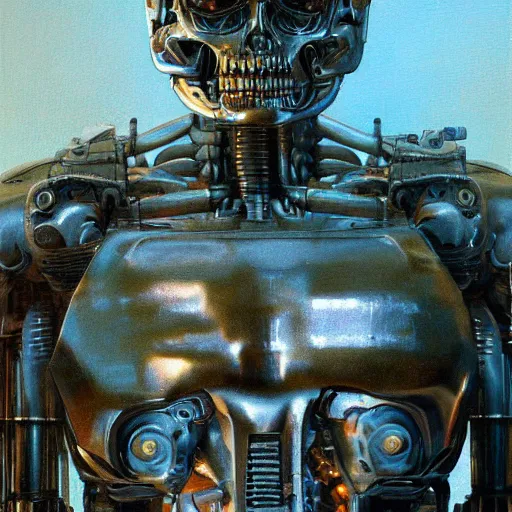 Image similar to highly detailed terminator t - 1 0 0 robot, beksinski style painting