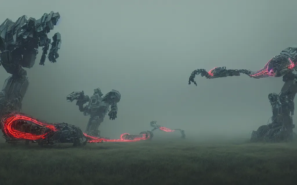 Image similar to giant robot centipede wandering across a foggy landscape