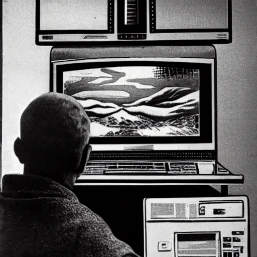 Image similar to a man watching the end of the world on a vintage computer