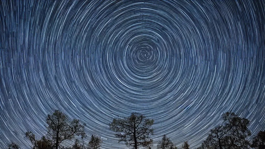 Image similar to You look up at the trees crowning above you. The trunks stretch above you, awesome and cradling. The canopy gyres overhead, the intricacy of the leaf capillaries dazzle. Star trails are visible in the black sky. haunted long exposure night time photography in the style of Andreas Ghersky