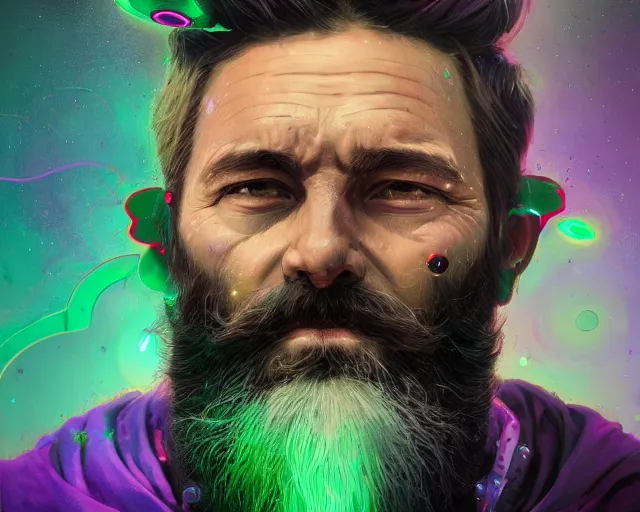 Image similar to portrait of bearded wizard with purple and green cubes orbiting head, intricate abstract. intricate artwork, by tooth wu, wlop, beeple, dan mumford. concept art, octane render, trending on artstation, greg rutkowski very coherent symmetrical artwork. cinematic, key art, hyper realism, high detail, octane render, 8 k, iridescent accents