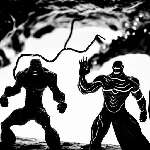 Image similar to black and white thanos fight with the thanos in a cave, by tsutomu nihei, black and white, old cave with slime and wires blur background, cinematic, perspective, realistic