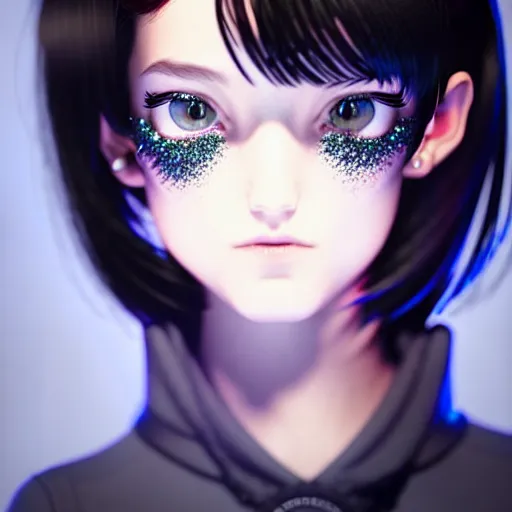 Image similar to beautifully pretty stoner girl, 2 2 years old, black sweater, grey checkered skirt, very cute features, glittery short black hair, blue eyes, universal volumetric lighting, soft glow, by range murata, highly detailed intricately sharp focus, trending on pinterest, unreal engine 5 4 k uhd image