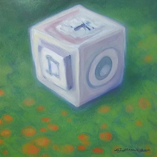 Prompt: beautiful painting of companion cube, art by monet