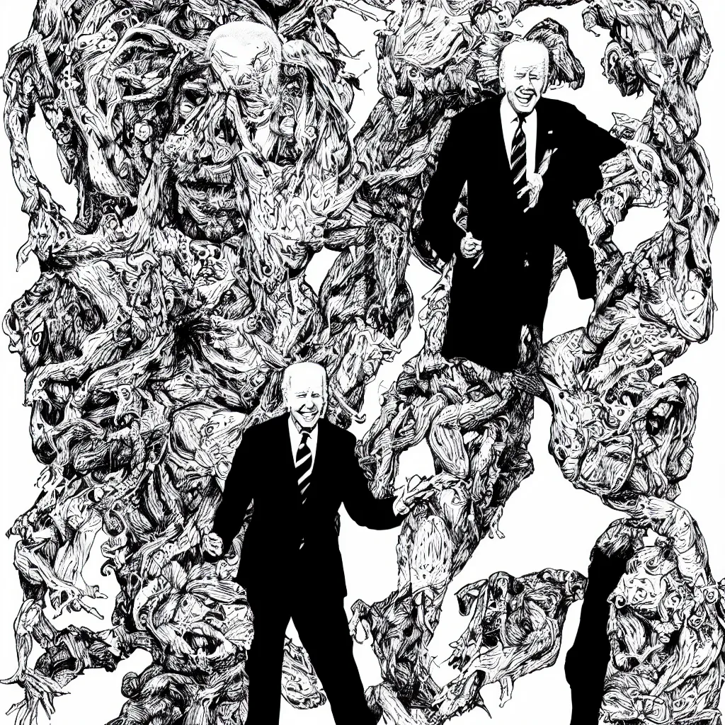 Image similar to Joe Biden full body portrait, body horror, black and white Illustration by Junji Ito