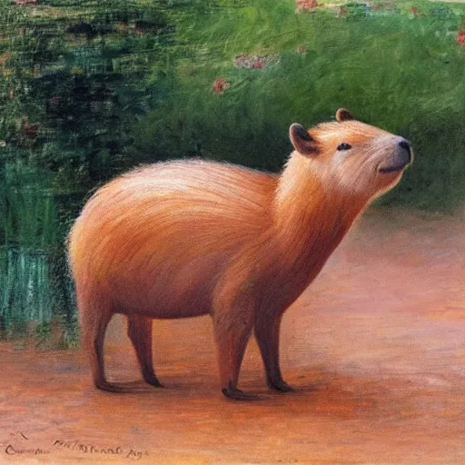 Prompt: painting of a capybara riding a razor scooter in the style of Claude Monet