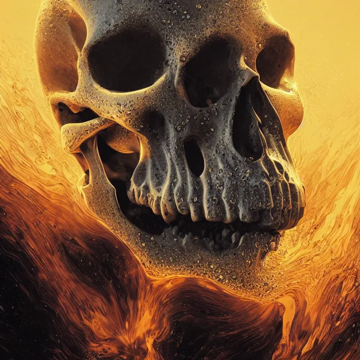 Image similar to a human skull, melting. burning water distortions. intricate abstract. intricate artwork. by Tooth Wu, wlop, beeple, dan mumford. octane render, trending on artstation, greg rutkowski very coherent symmetrical artwork. cinematic, hyper realism, high detail, octane render, 8k, depth of field, bokeh. iridescent accents