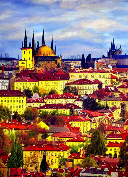 Image similar to painting of beautiful shot of Royal medieval European city like Prague mixed with Istanbul like Islamic architecture with greenery all around , autumn colors