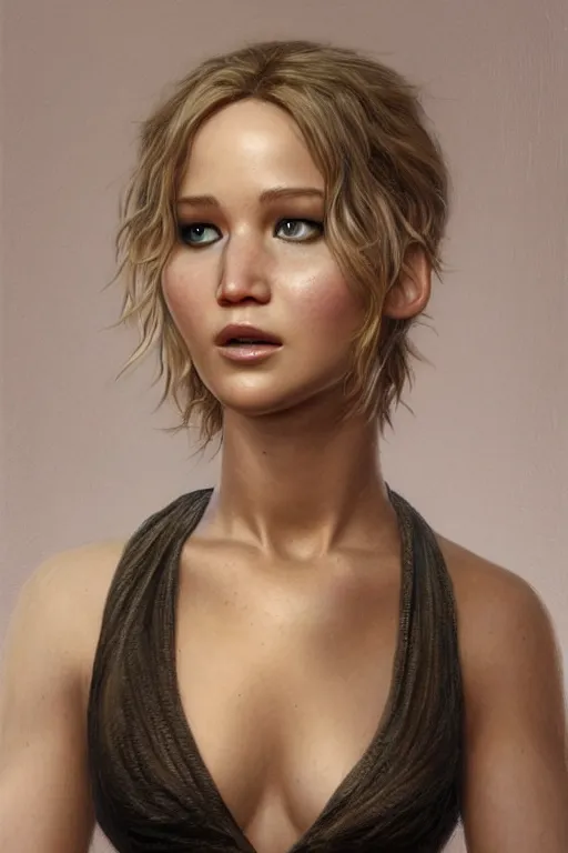 Prompt: painting of jennifer lawrence,, ultra realistic, sharp details, subsurface scattering, intricate details, warm lighting, beautiful features, highly detailed, photorealistic, octane render, 8 k, unreal engine, art by artgerm and greg rutkowski and alphonse mucha