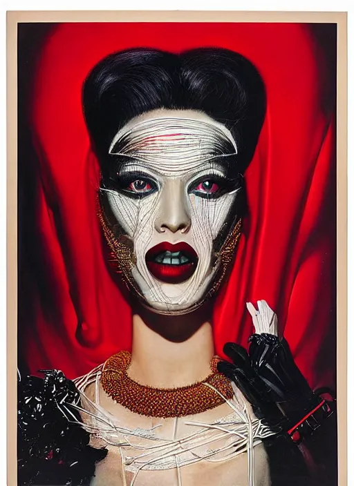 Image similar to an 8 0 s portrait of a woman with dark eye - shadow and red lips with dark slicked back hair, a mask made of wire and beads, dreaming acid - fueled hallucinations by serge lutens, rolf armstrong, delphin enjolras, peter elson, red cloth background