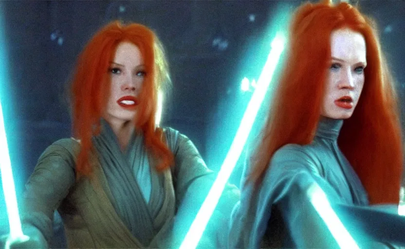 Image similar to screenshot of Julian Moore as Mara Jade, the female jedi, from the film 2001 Space Oddyssey (1968) directed by Stanley Kubrick, 4k still frame, windy hair, cinematic lighting, stunning cinematography, hyper detailed scene, anamorphic lenses, kodak color film stock