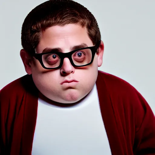 Image similar to 4 k editorial photograph of down syndrome midget jonah hill, sharp focus, soft lighting, edge lighting, studio portrait, 1 3 mm film color grading