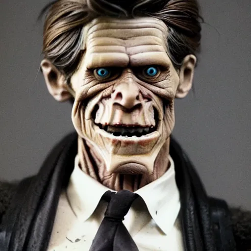 Image similar to grainy recovered photo of animatronic Willem Dafoe by Stan Winston studios trashed destroyed lying broken in a landfill post apocalyptic gloom discarded exposed inner machinery detailed