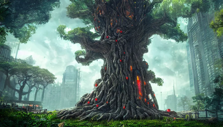 Image similar to ben lo illustration of the largest tree in the world, bioshock concept art, solarpunk, colorful, unreal engine, hyper realism, realistic shading, cinematic composition, realistic render, octane render, detailed textures, photorealistic, wide shot