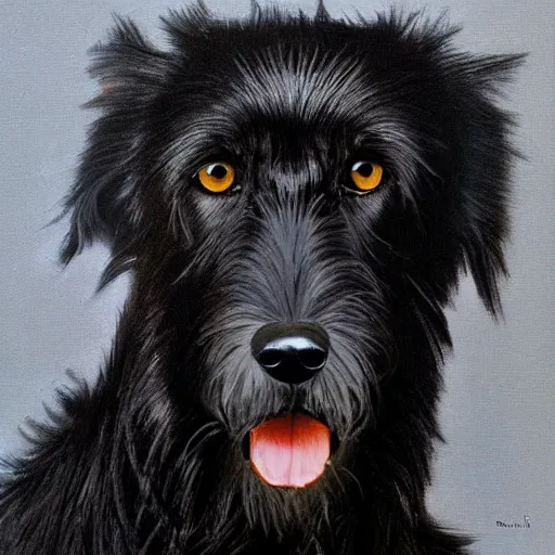 Image similar to portrait of a black wolfhound, regal, hyper realistic, highly detailed