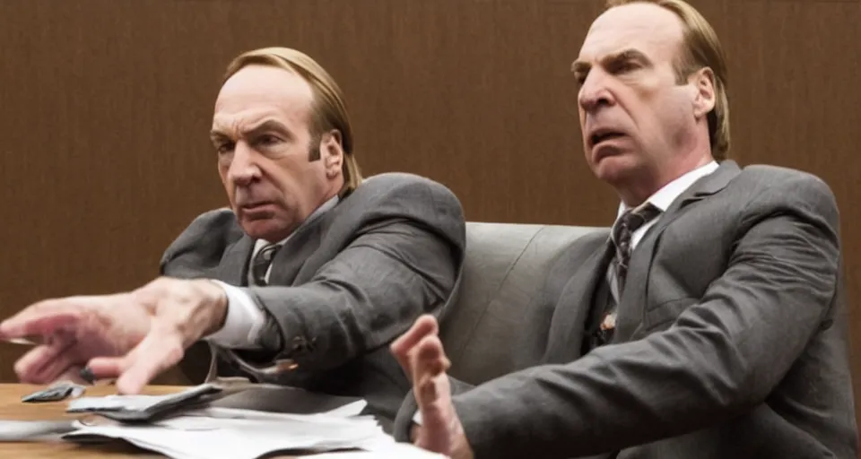 Image similar to saul goodman fighting michael mckean in court, still from better call saul