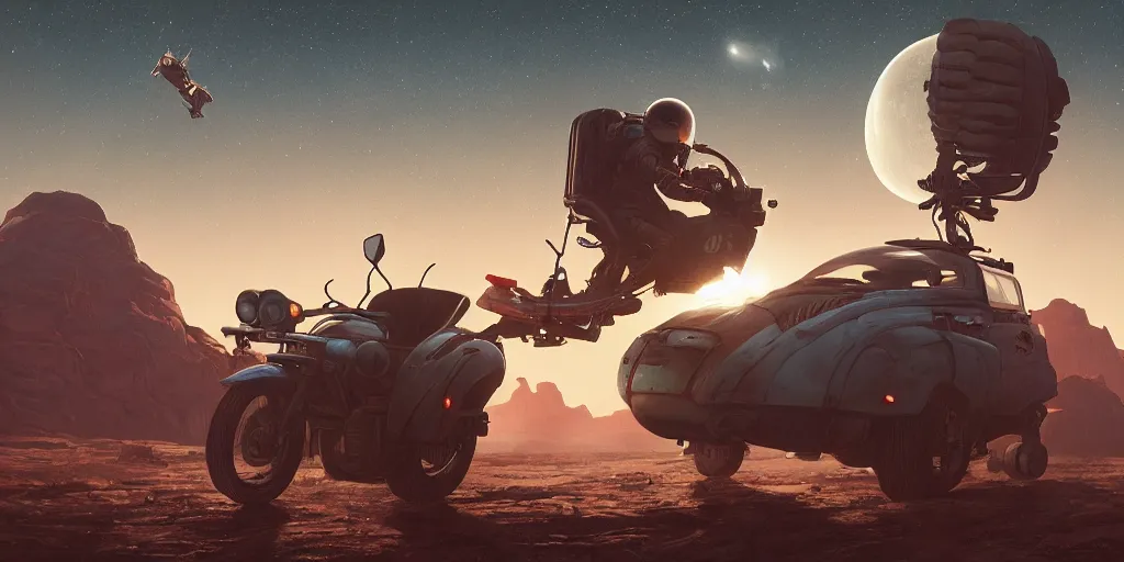 Prompt: american astronaut driving a motorcycle in moon, tribe members chasing, action scene, an epic fantasy, dramatic lighting, cinematic, establishing shot, extremely high detail, photorealistic, cinematic lighting, artstation, octane render, by simon stalenhag, horizon forbidden west