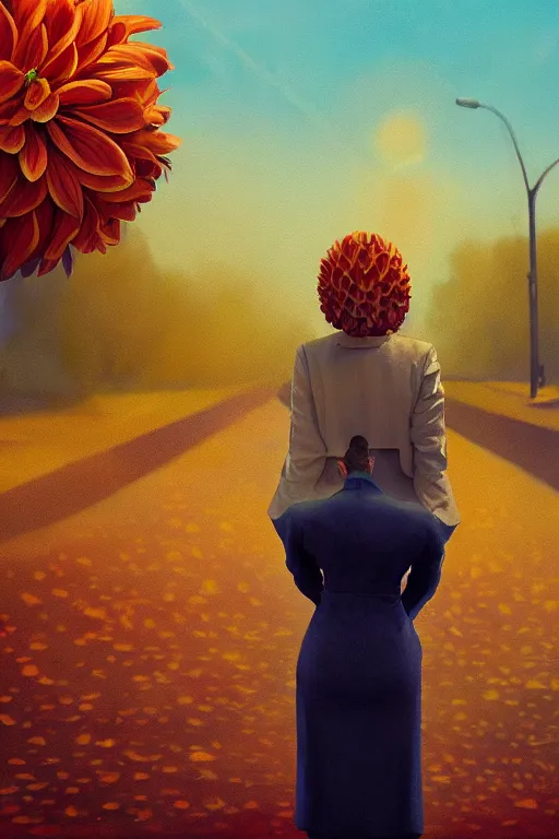 Image similar to closeup giant dahlia flower head, girl in a suit, standing in street, surreal photography, sunrise, dramatic light, impressionist painting, digital painting, artstation, simon stalenhag