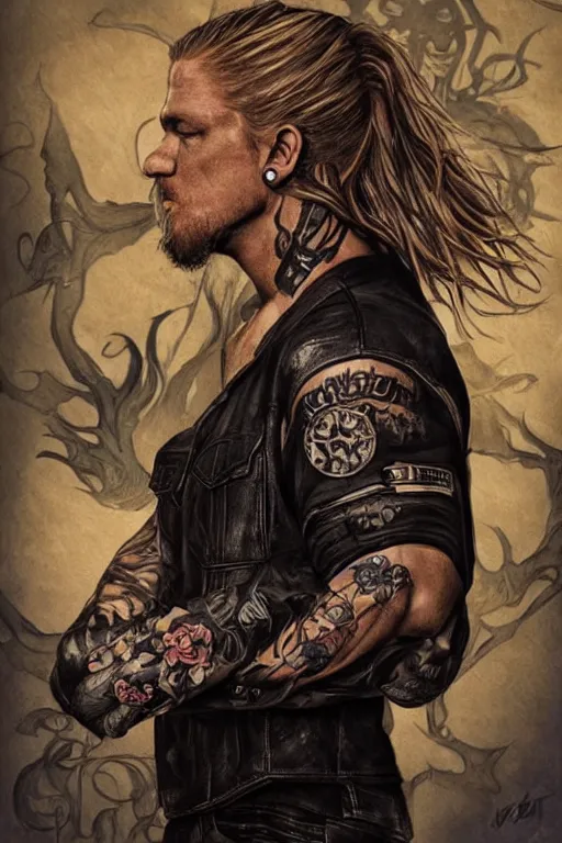 Image similar to Photorealistic half body Portrait of Jax Teller as a very attractive muscular biker, all his skin covered by flowers, elvish symbols and and dark grim themed tattoos. surrounded by magic lightings overlays, Intricate, concept art, magic lighting overlays, magical portal opened, D&D!, fantasy style, sharp focus!, ultra detailed, art by Artgerm and Peter Andrew Jones, WLUP, Magali Villeneuve