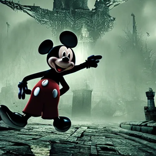 Image similar to Mickey Mouse in Darksouls, screenshot, game magazine