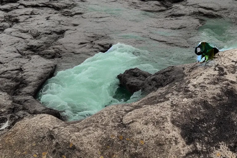 Image similar to a puppy is looking directly at the wavy water current below it while it stands at an edge of a cliff