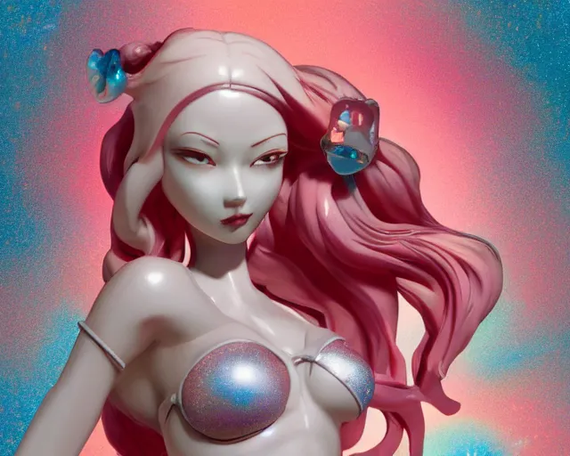 Prompt: James Jean isolated romantic fighting girl vinyl figure, figure photography, dynamic pose, holographic undertones, glitter accents on figure, anime stylized, accurate fictional proportions, high delicate details, ethereal lighting - H 640