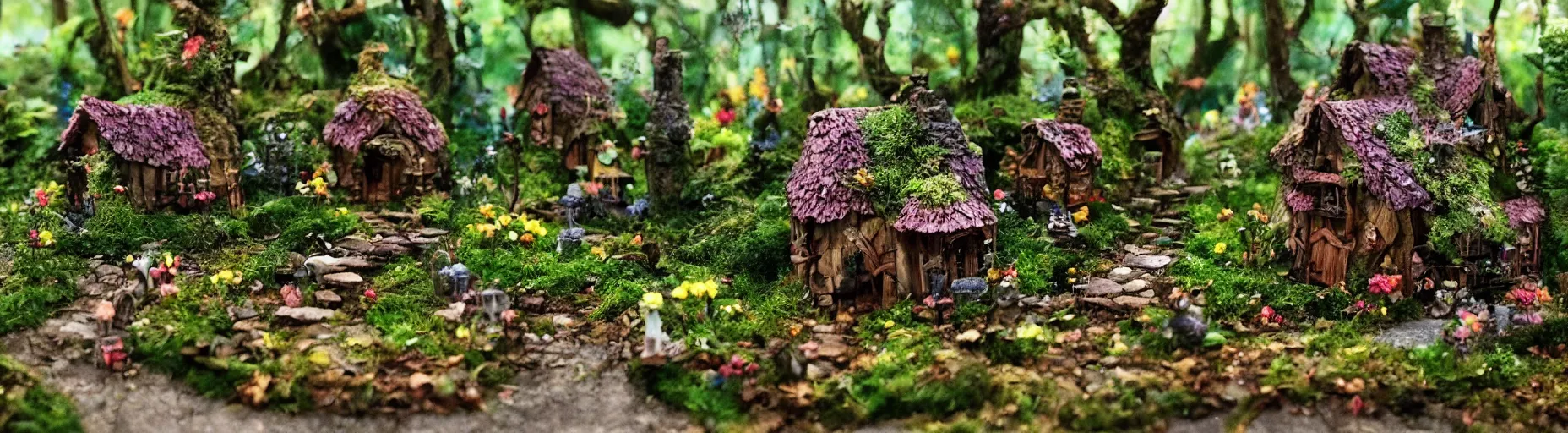 Prompt: small fairy village in the woods