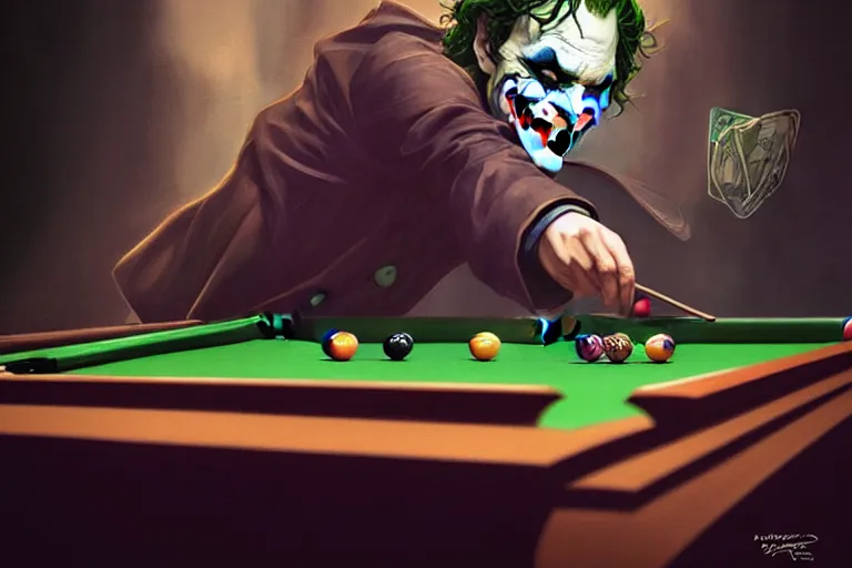 Image similar to photography of the joker playing pool, deep focus, d & d, intricate, elegant, highly detailed, digital painting, artstation, concept art, matte, sharp focus, illustration, hearthstone, art by artgerm and greg rutkowski and alphonse mucha