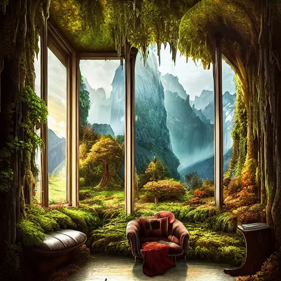 Image similar to fantastical living room with switzerland landscape in the window by marc adamus, beautiful dramatic lighting, overgrown with funghi, style by peter deligdisch, peterdraws