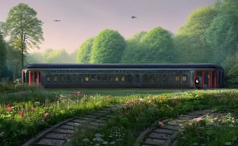 Prompt: exterior shot of utopian train station on in the middle of an english garden with cinematic lighting by peter zumthor and renzo piano, darek zabrocki and greg ruthkowski, simon stalenhag, cinematic, holy place, paradise, scifi, futurism, atmospheric, concept art, artstation, trending on artstation