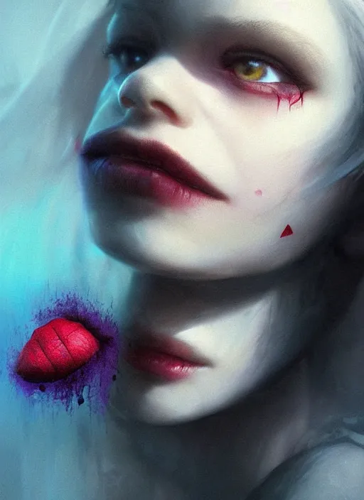 Image similar to profile of sinister girl with pouty aerochrome lips, fungal, adorable, cute bandaid on nose!!, expressive eyes, playful pose of a demon, greg rutkowski, charlie bowater, yuumei, stephen gammell, unreal 5, daz, hyperrealistic, octane render, rpg portrait, dynamic lighting, fantasy art, beautiful face