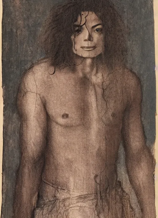 Image similar to a very high resolution image from a new movie, michael jackson. drawn by leonardo da vinci. mountains, directed by wes anderson